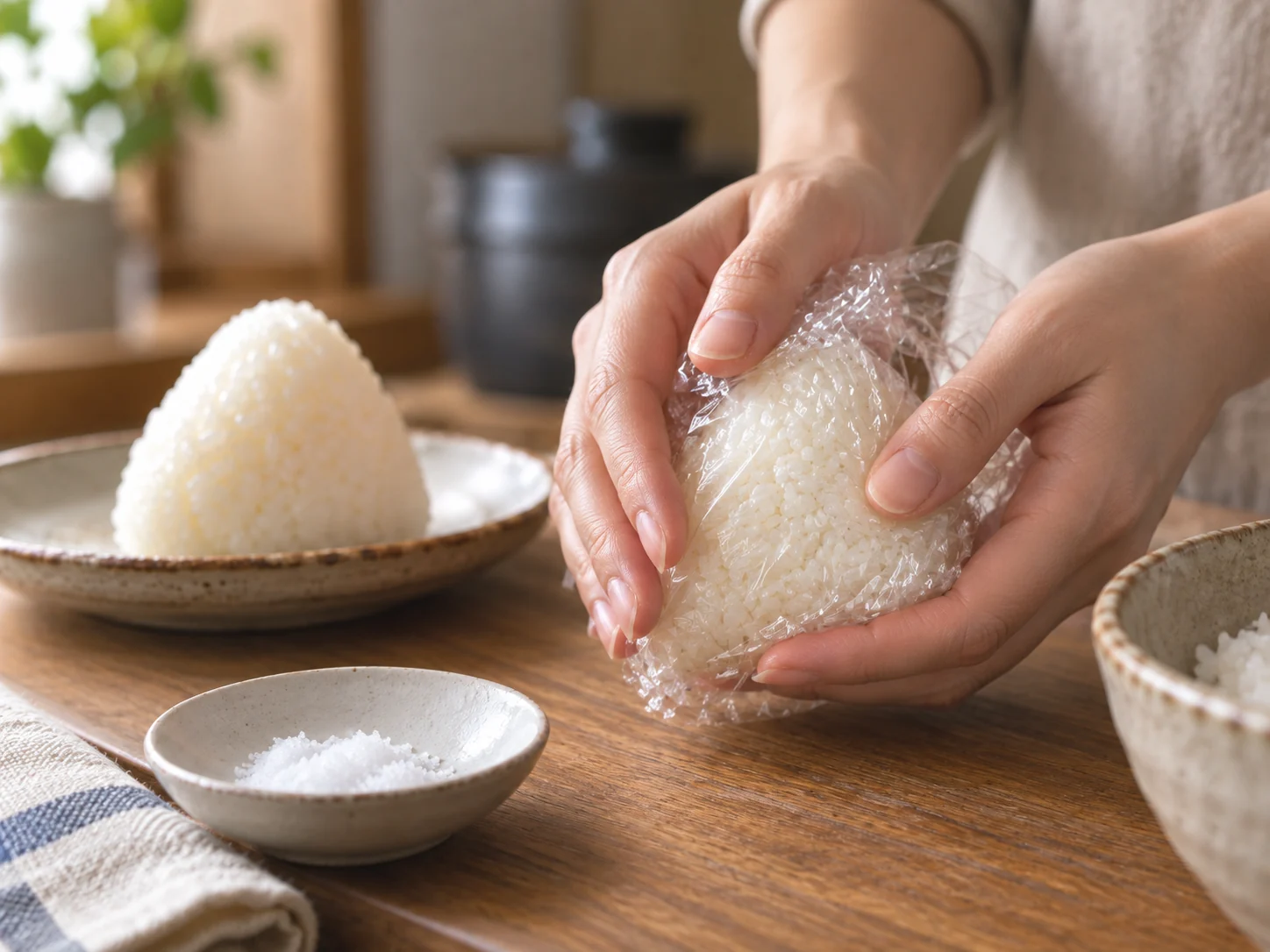 Warm Japanese rice being shaped into onigiri with plastic wrap
