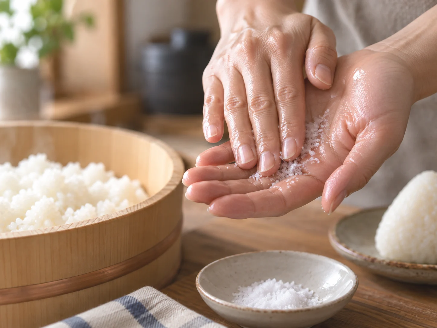 Salt being spread over damp hands before shaping Japanese rice