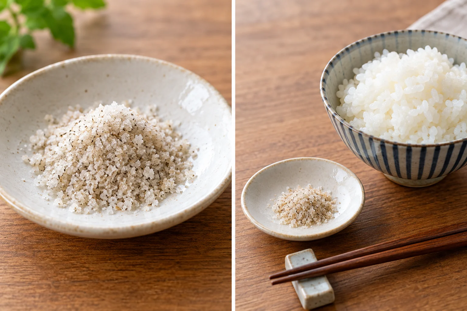 Illustrative image of pale beige Japanese moshio seaweed salt in a small ceramic dish